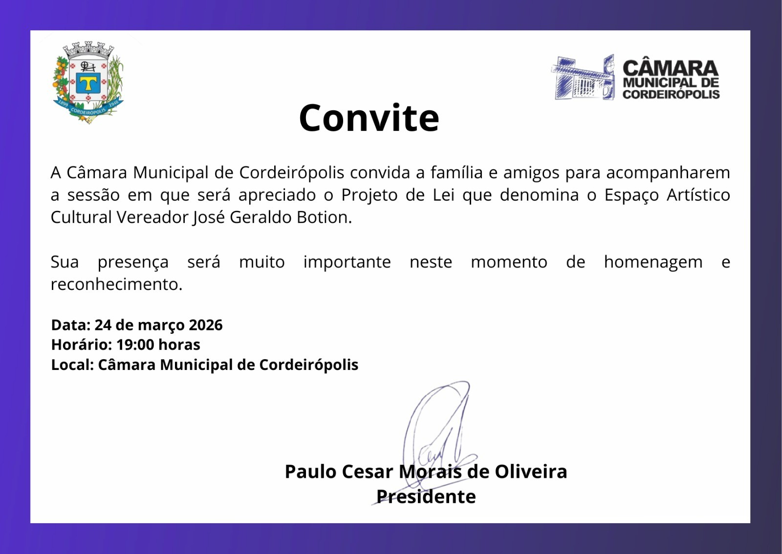 Projeto de Lei que homenageia Vereador José Geraldo Botion será apreciado em sessão na Câmara