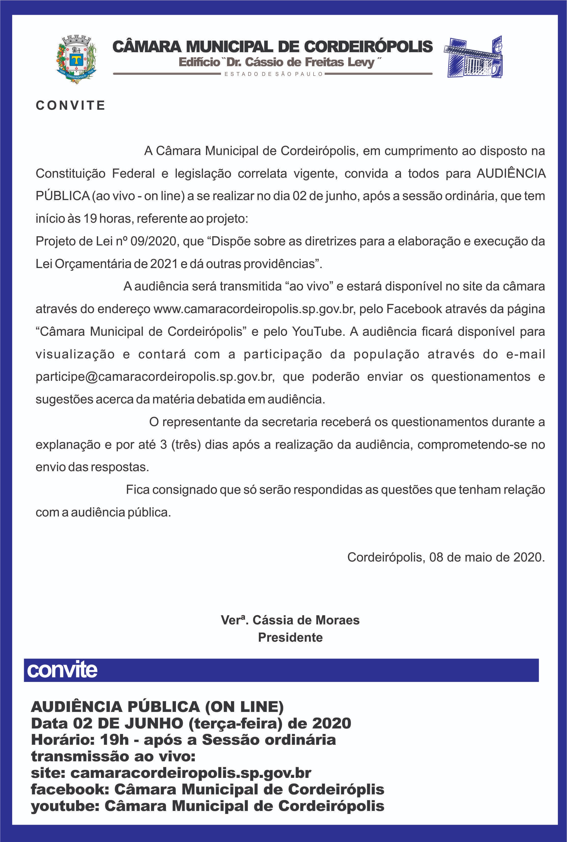 Imagem da notícia: Câmara de Cordeirópolis realiza Audiência Pública virtual para discutir LOA 