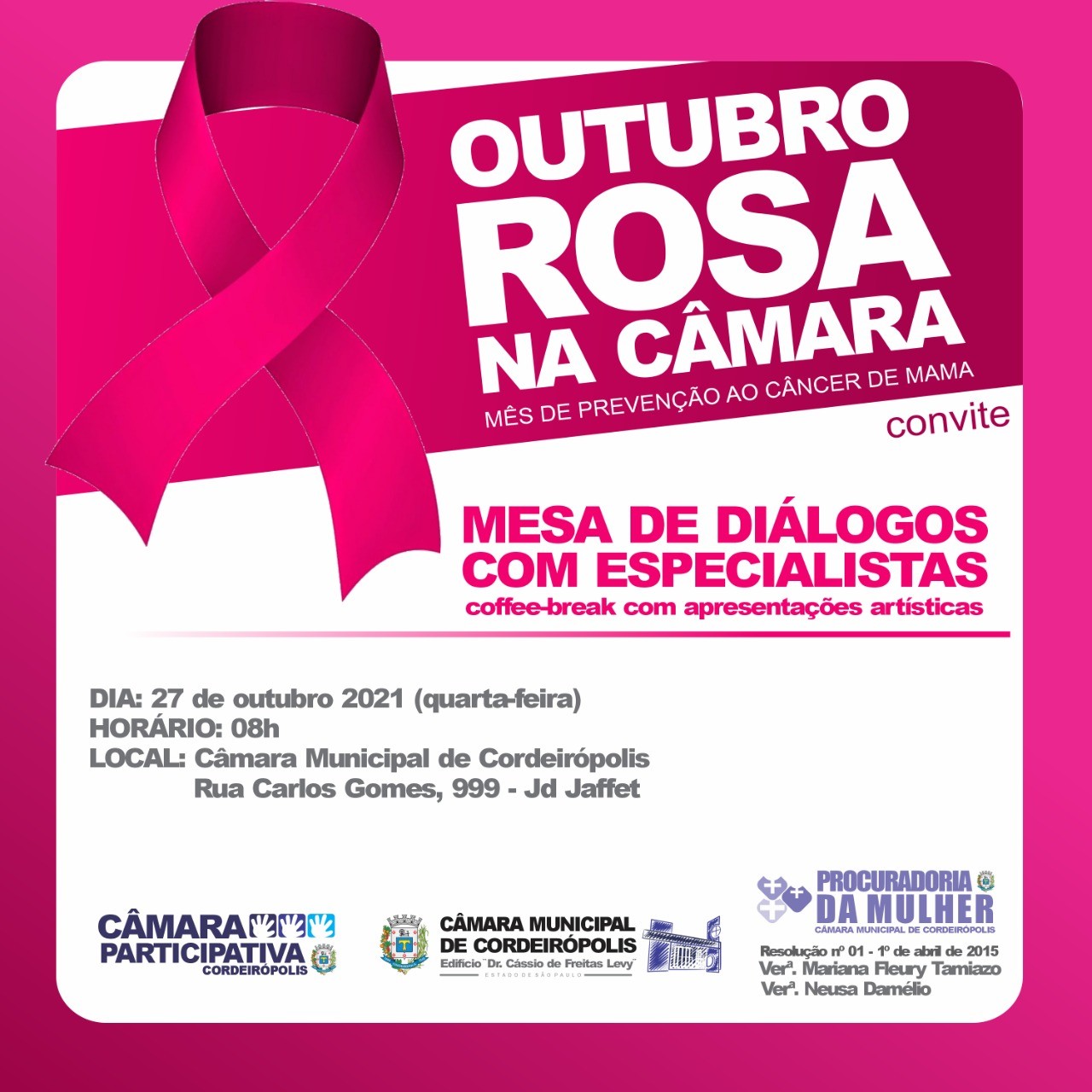 Imagem da notícia: Outubro Rosa - Câmara promove encontros para conscientização