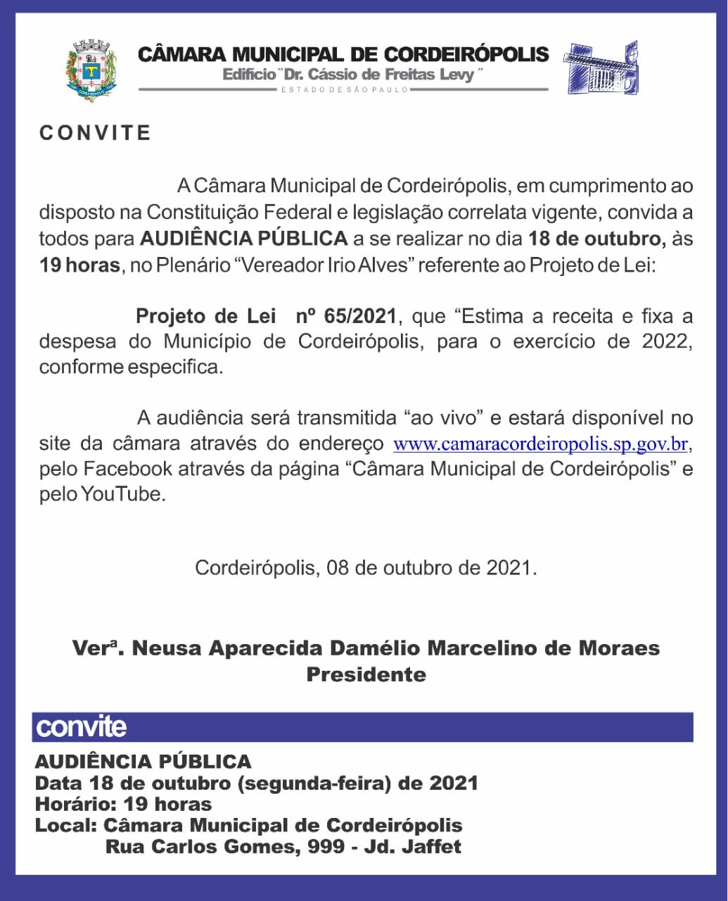 Imagem da notícia: Câmara realiza audiência pública para apresentar LOA 2022 