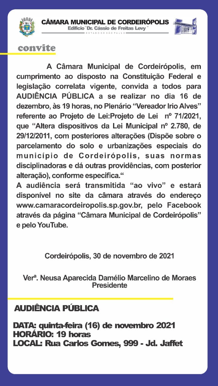 Imagem da notícia: Câmara realiza audiência pública para discussão de parcelamento de solo