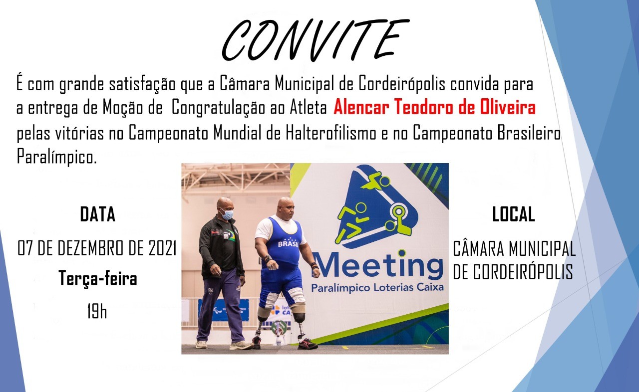 Imagem da notícia: Câmara realiza homenagem ao atleta cordeiropolense de Halterofilismo