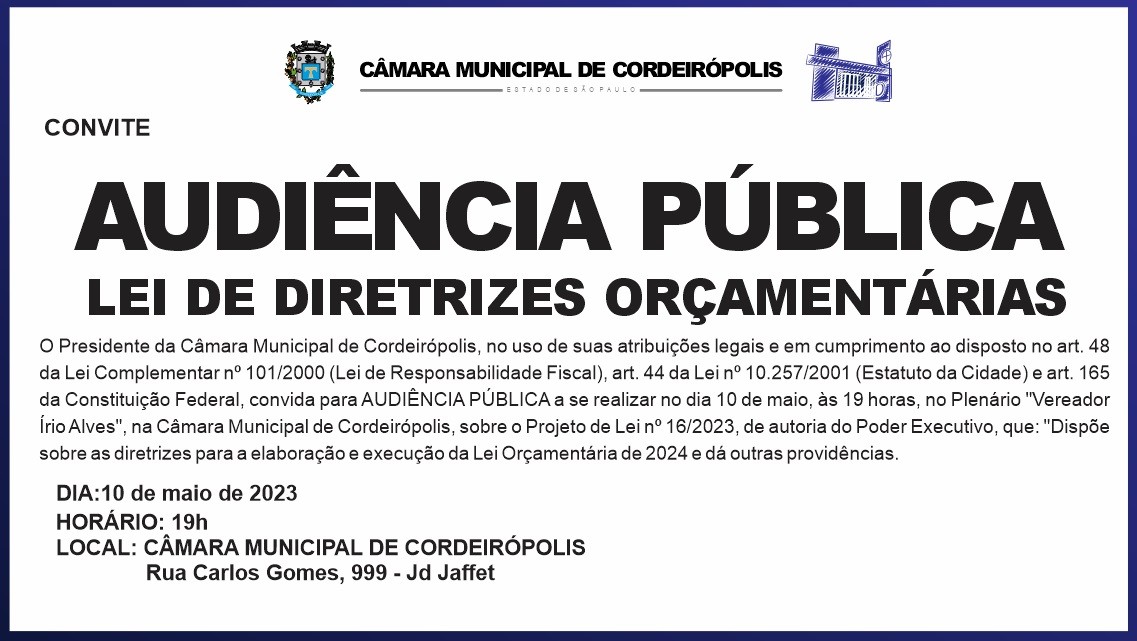 Imagem da notícia: Convite: Audiência Pública para discutir Projeto de Lei de Diretrizes Orçamentária 2024