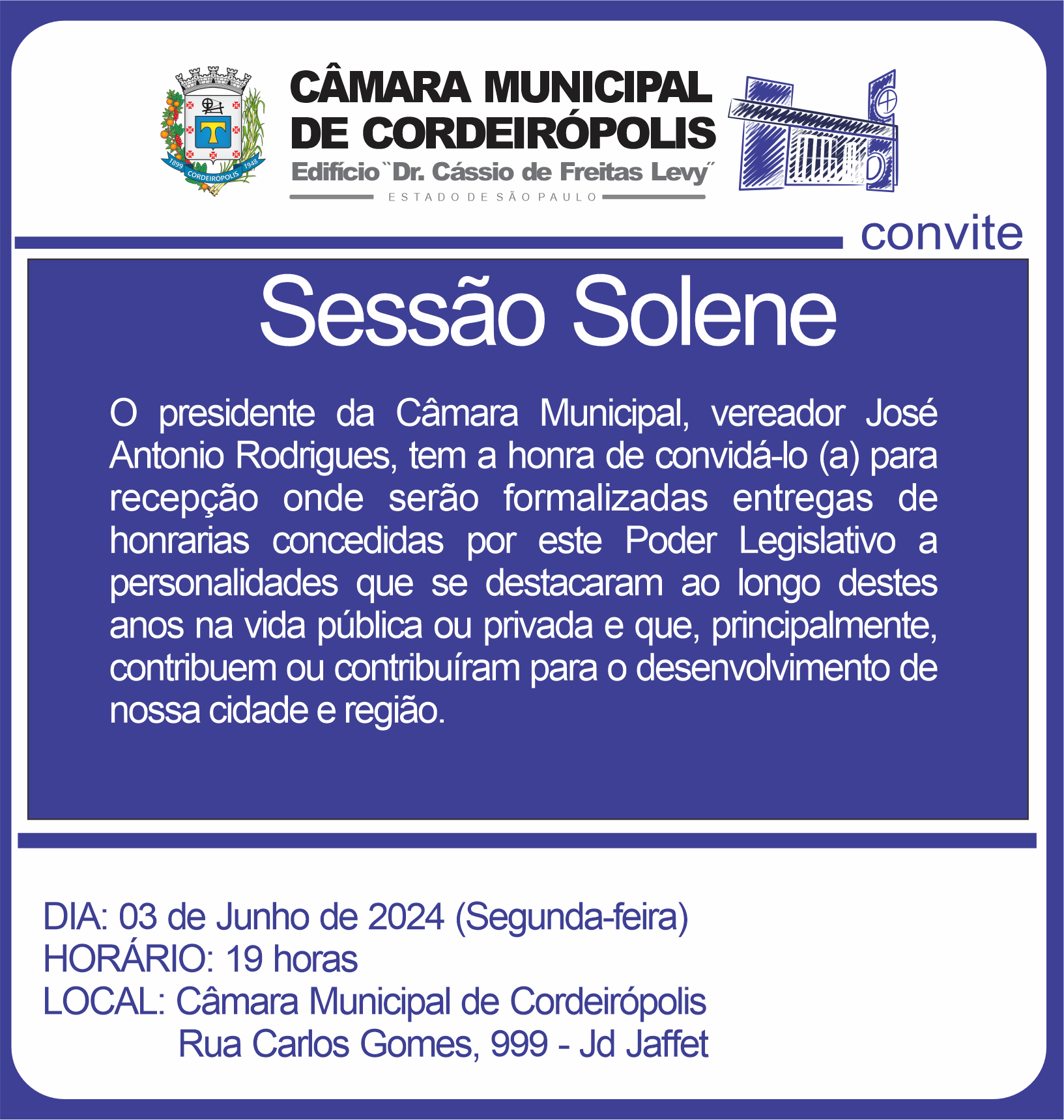 Imagem da notícia: Câmara Municipal de Cordeirópolis Realizará Cerimônia de Entrega de Honrarias em Sessão Solene
