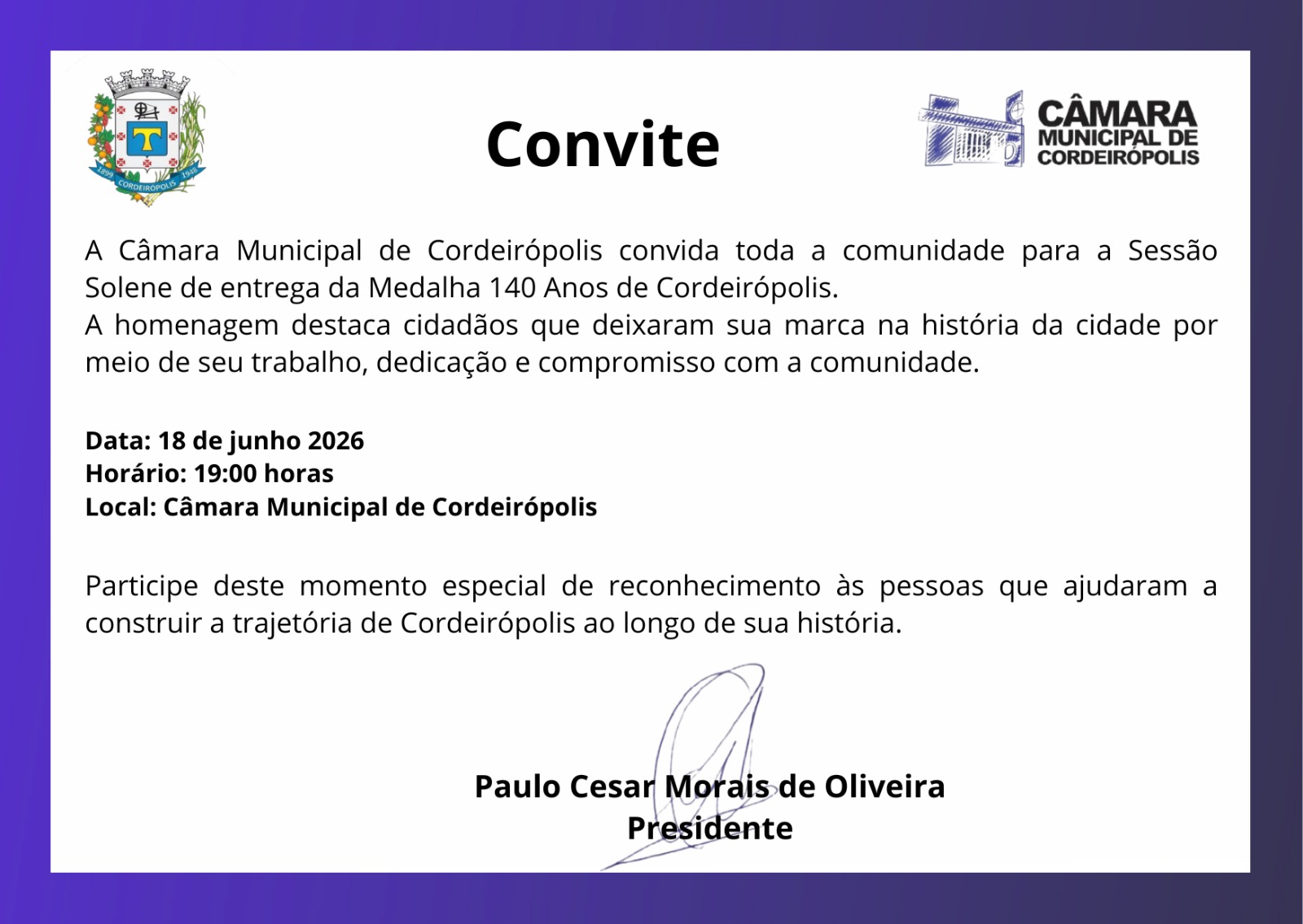 Imagem principal da notícia Convite para Sessão Solene de entrega da medalha dos 140 anos de Cordeiropolis