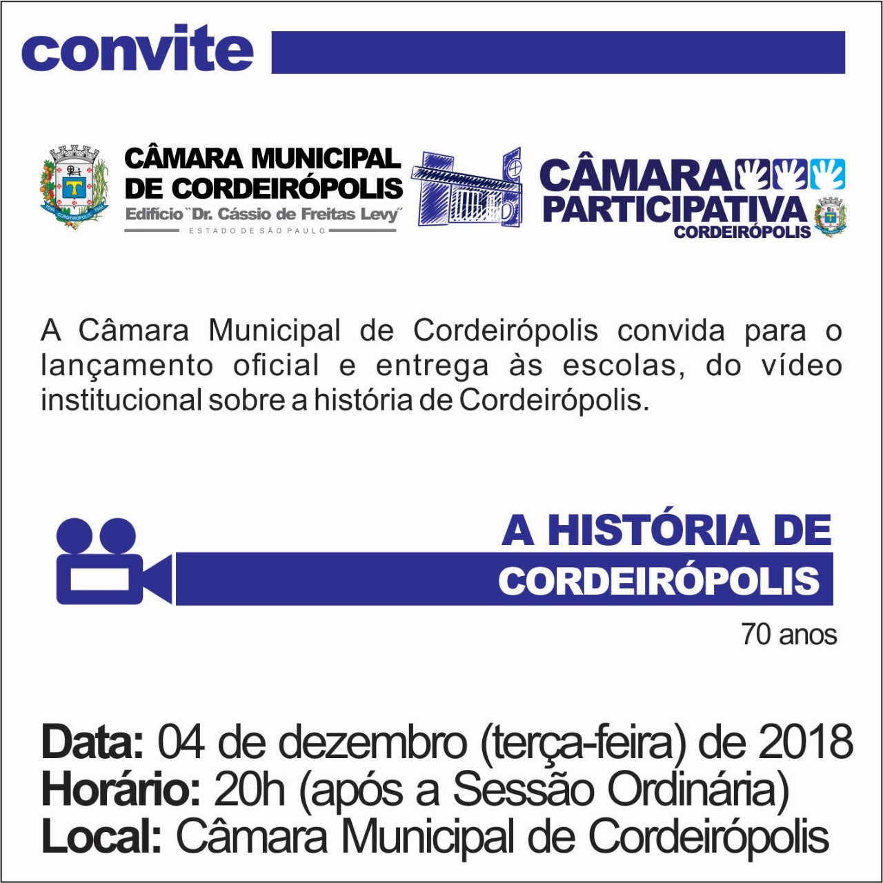 Imagem da notícia: Câmara lança documentário sobre os 70 anos de Cordeirópolis